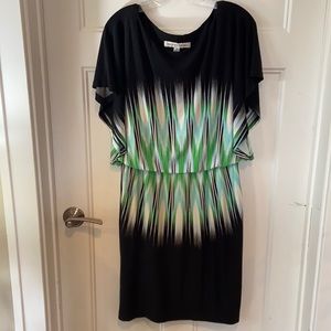Maggy London Size 10 dress. Black, green, light blue and white.